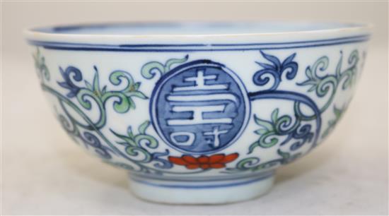 A Chinese doucai shou medallion bowl, bearing a Jiajing six character seal mark, 14cm